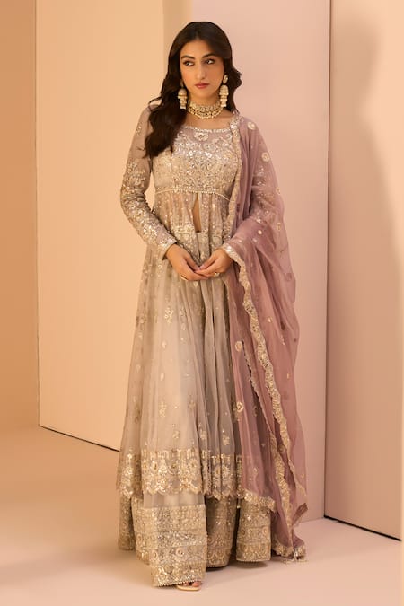 LASHKARAA Grey Net Embroidery Thread Round Zari Anarkali Sharara Set 