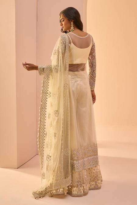 Shop_Lashkaraa_Yellow Net, Satin Sequins, Zari, Embroidery Anarkali Set_at_Aza_Fashions