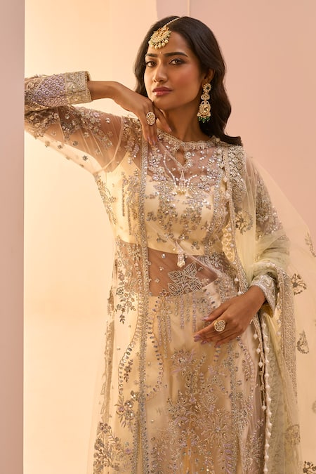 Lashkaraa_Yellow Net, Satin Sequins, Zari, Embroidery Anarkali Set_Online_at_Aza_Fashions