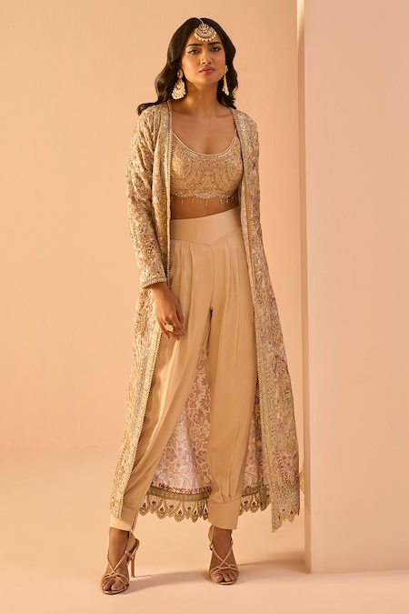 Buy_Lashkaraa_Gold Net, Satin Sequins, Zari, Embroidery Open , Round Jacket Pant Set _at_Aza_Fashions