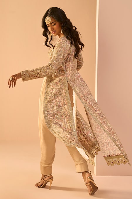 Lashkaraa Beige Net, Satin Sequins, Zari, Embroidery Open Neck, Round Jacket And Pant Set Online at Aza Fashions Lashkaraa_Beige Net, Satin Sequins, Zari, Embroidery Open Neck, Round Jacket And Pant Set _Online_at_Aza_Fashions