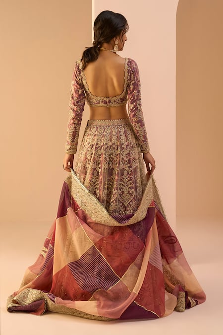 Shop_Lashkaraa_Magenta Net, Satin Sequins, Zari, Stones Thread Work Lehenga Set _at_Aza_Fashions