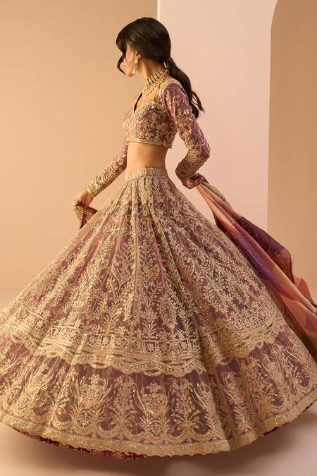Buy_Lashkaraa_Magenta Net, Satin Sequins, Zari, Stones Thread Work Lehenga Set _Online_at_Aza_Fashions