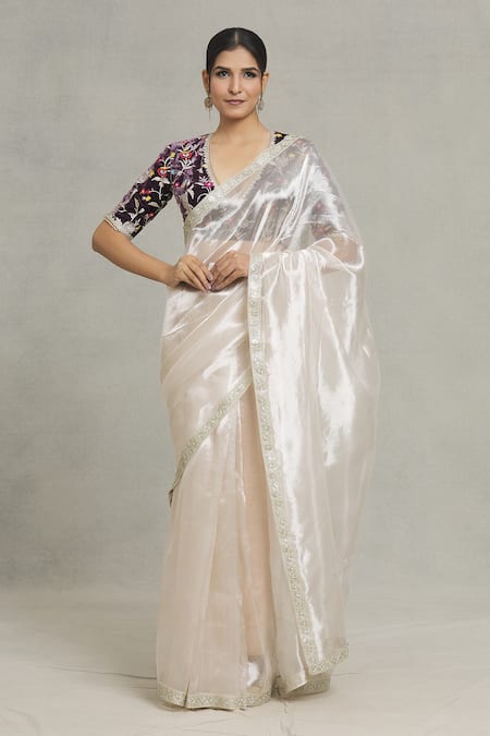 Pranay Baidya Silver Tissue Embellished Sequin And Zari Lace Metallic Bordered Saree 