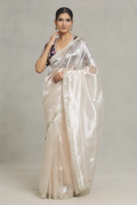 Pranay Baidya_Silver Tissue Sequins, Zari Metallic Embellished Bordered Saree _Online_at_Aza_Fashions