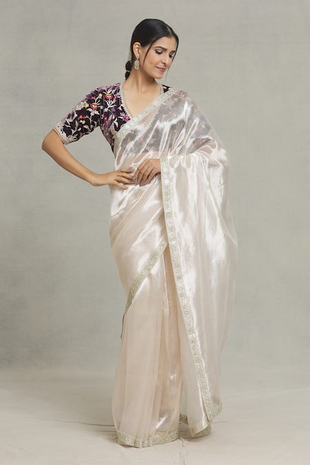 Buy_Pranay Baidya_Silver Tissue Sequins, Zari Metallic Embellished Bordered Saree _Online_at_Aza_Fashions