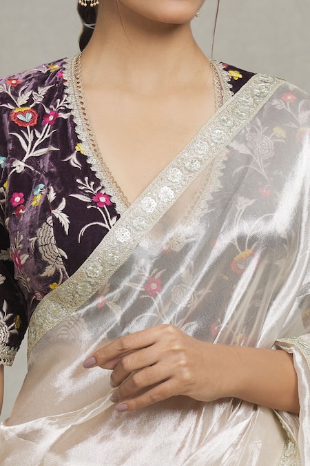 Pranay Baidya_Silver Tissue Sequins, Zari Metallic Embellished Bordered Saree _at_Aza_Fashions