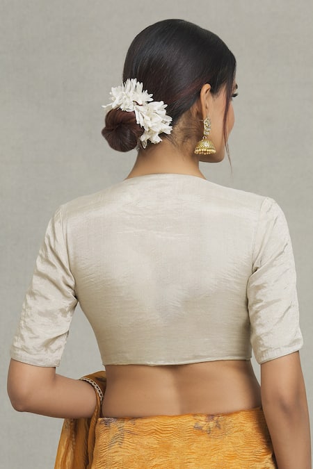 Shop Pranay Baidya Silver Tissue V-neck Metallic Princess Cut Blouse at Aza Fashions Shop_Pranay Baidya_Silver Tissue V-neck Metallic Princess Cut Blouse _at_Aza_Fashions