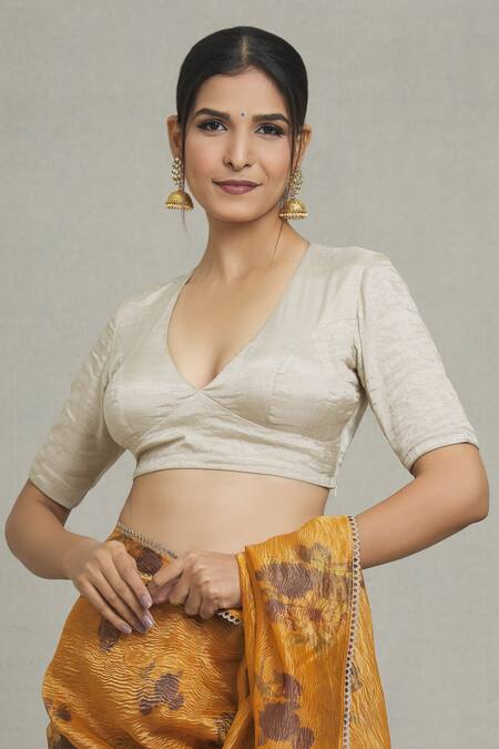 Pranay Baidya Silver Tissue V-neck Metallic Princess Cut Blouse Online at Aza Fashions Pranay Baidya_Silver Tissue V-neck Metallic Princess Cut Blouse _Online_at_Aza_Fashions