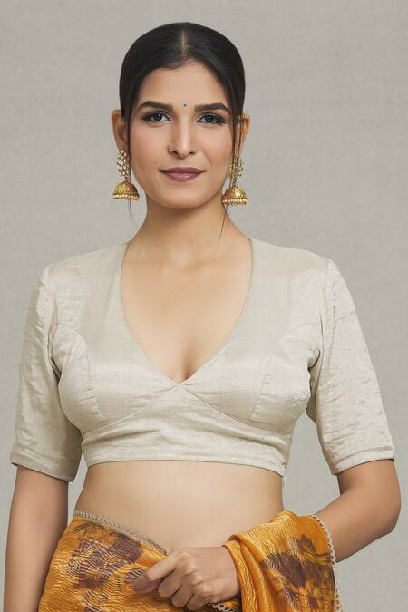 Pranay Baidya Silver Tissue V-neck Metallic Princess Cut Blouse at Aza Fashions Pranay Baidya_Silver Tissue V-neck Metallic Princess Cut Blouse _at_Aza_Fashions