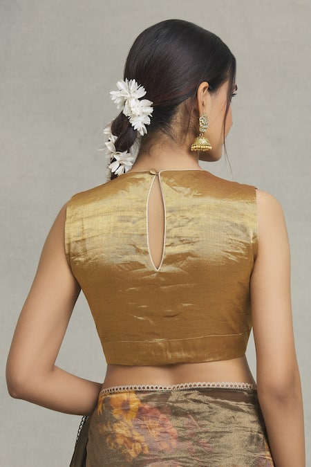 Shop Pranay Baidya Gold Tissue Round Neck Metallic Plain Blouse at Aza Fashions Shop_Pranay Baidya_Gold Tissue Round Neck Metallic Plain Blouse _at_Aza_Fashions