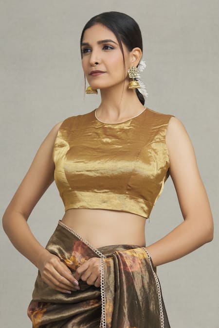 Pranay Baidya Gold Tissue Round Neck Metallic Plain Blouse Online at Aza Fashions Pranay Baidya_Gold Tissue Round Neck Metallic Plain Blouse _Online_at_Aza_Fashions