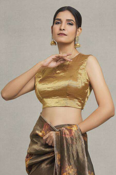 Buy Pranay Baidya Gold Tissue Round Neck Metallic Plain Blouse Online at Aza Fashions Buy_Pranay Baidya_Gold Tissue Round Neck Metallic Plain Blouse _Online_at_Aza_Fashions