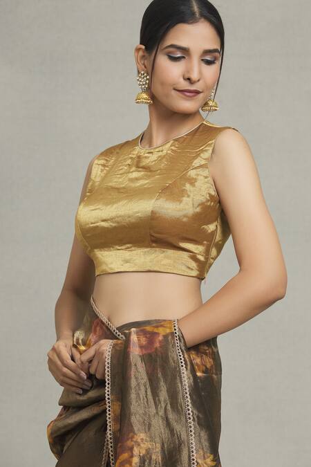 Pranay Baidya Gold Tissue Round Neck Metallic Plain Blouse at Aza Fashions Pranay Baidya_Gold Tissue Round Neck Metallic Plain Blouse _at_Aza_Fashions