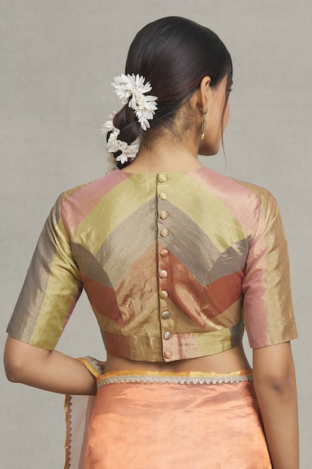 Shop Pranay Baidya Multi Color Tissue, Brocade Round Neck Stripe Pattern Blouse at Aza Fashions Shop_Pranay Baidya_Multi Color Tissue, Brocade Round Neck Stripe Pattern Blouse _at_Aza_Fashions