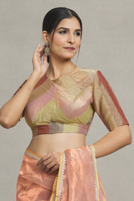 Pranay Baidya Multi Color Tissue, Brocade Round Neck Stripe Pattern Blouse Online at Aza Fashions Pranay Baidya_Multi Color Tissue, Brocade Round Neck Stripe Pattern Blouse _Online_at_Aza_Fashions