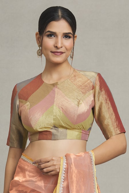 Buy Pranay Baidya Multi Color Tissue, Brocade Round Neck Stripe Pattern Blouse Online at Aza Fashions Buy_Pranay Baidya_Multi Color Tissue, Brocade Round Neck Stripe Pattern Blouse _Online_at_Aza_Fashions
