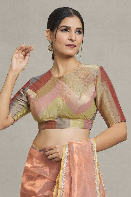 Shop Pranay Baidya Multi Color Tissue, Brocade Round Neck Stripe Pattern Blouse Online at Aza Fashions Shop_Pranay Baidya_Multi Color Tissue, Brocade Round Neck Stripe Pattern Blouse _Online_at_Aza_Fashions