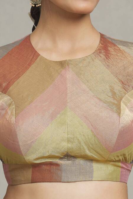 Pranay Baidya Multi Color Tissue, Brocade Round Neck Stripe Pattern Blouse at Aza Fashions Pranay Baidya_Multi Color Tissue, Brocade Round Neck Stripe Pattern Blouse _at_Aza_Fashions