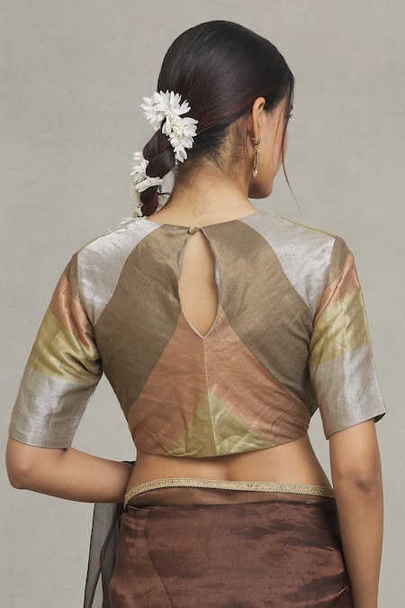 Shop Pranay Baidya Multi Color Tissue, Brocade V-neck Striped Blouse at Aza Fashions Shop_Pranay Baidya_Multi Color Tissue, Brocade V-neck Striped Blouse _at_Aza_Fashions