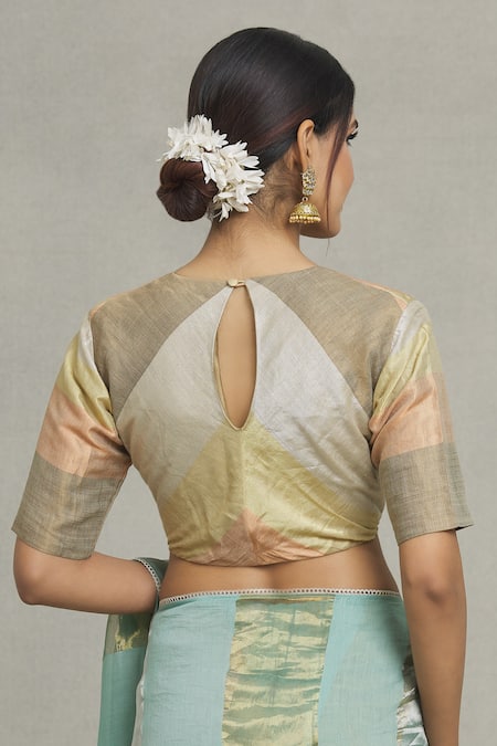 Shop Pranay Baidya Multi Color Tissue, Brocade V-neck Woven Striped Blouse at Aza Fashions Shop_Pranay Baidya_Multi Color Tissue, Brocade V-neck Woven Striped Blouse _at_Aza_Fashions