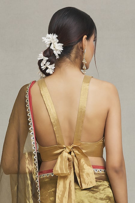 Shop Pranay Baidya Gold Tissue V-neck Princess Cut Metallic Blouse at Aza Fashions Shop_Pranay Baidya_Gold Tissue V-neck Princess Cut Metallic Blouse _at_Aza_Fashions