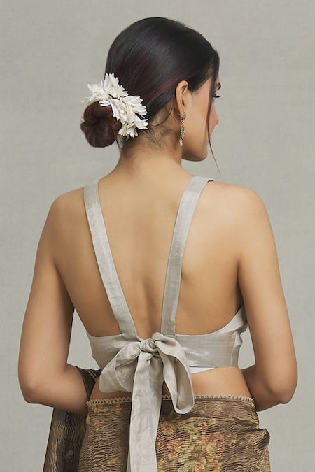 Shop Pranay Baidya Silver Tissue V-neck Plain Metallic Blouse at Aza Fashions Shop_Pranay Baidya_Silver Tissue V-neck Plain Metallic Blouse _at_Aza_Fashions