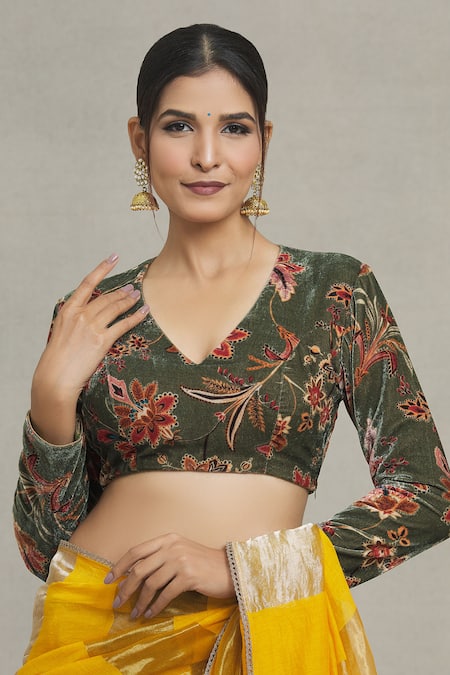 Pranay Baidya_Green Velvet V-neck Floral Jaal Print Blouse _Online_at_Aza_Fashions
