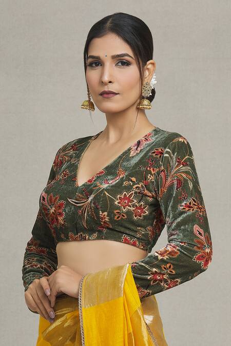Shop_Pranay Baidya_Green Velvet V-neck Floral Jaal Print Blouse _Online_at_Aza_Fashions