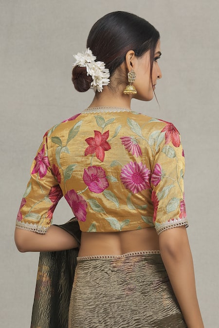 Shop Pranay Baidya Gold Tissue Embroidery, Lace V-neck Floral Thread Blouse at Aza Fashions Shop_Pranay Baidya_Gold Tissue Embroidery, Lace V-neck Floral Thread Blouse _at_Aza_Fashions
