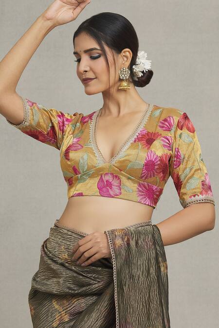 Pranay Baidya Gold Tissue Embroidery, Lace V-neck Floral Thread Blouse Online at Aza Fashions Pranay Baidya_Gold Tissue Embroidery, Lace V-neck Floral Thread Blouse _Online_at_Aza_Fashions
