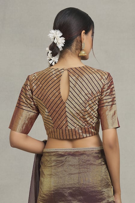 Shop Pranay Baidya Maroon Tissue V-neck Metallic Stripe Pattern Blouse at Aza Fashions Shop_Pranay Baidya_Maroon Tissue V-neck Metallic Stripe Pattern Blouse _at_Aza_Fashions