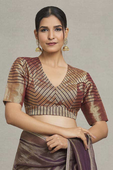 Pranay Baidya Maroon Tissue V-neck Metallic Stripe Pattern Blouse Online at Aza Fashions Pranay Baidya_Maroon Tissue V-neck Metallic Stripe Pattern Blouse _Online_at_Aza_Fashions