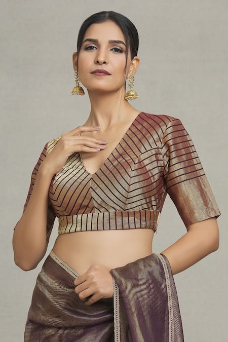 Buy Pranay Baidya Maroon Tissue V-neck Metallic Stripe Pattern Blouse Online at Aza Fashions Buy_Pranay Baidya_Maroon Tissue V-neck Metallic Stripe Pattern Blouse _Online_at_Aza_Fashions