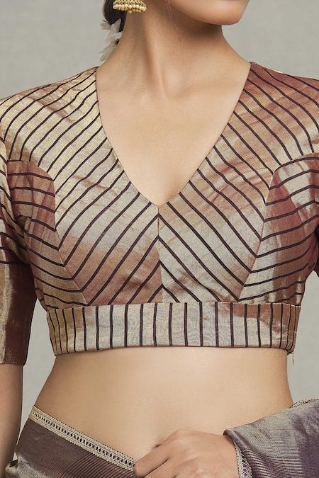 Shop Pranay Baidya Maroon Tissue V-neck Metallic Stripe Pattern Blouse Online at Aza Fashions Shop_Pranay Baidya_Maroon Tissue V-neck Metallic Stripe Pattern Blouse _Online_at_Aza_Fashions
