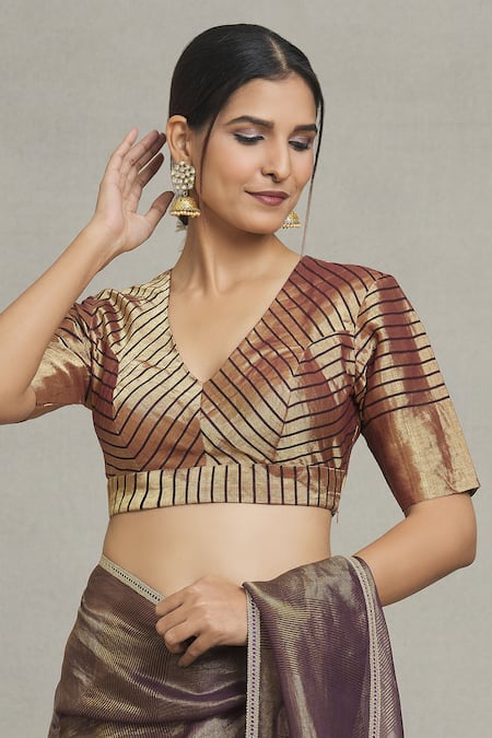 Pranay Baidya Maroon Tissue V-neck Metallic Stripe Pattern Blouse at Aza Fashions Pranay Baidya_Maroon Tissue V-neck Metallic Stripe Pattern Blouse _at_Aza_Fashions