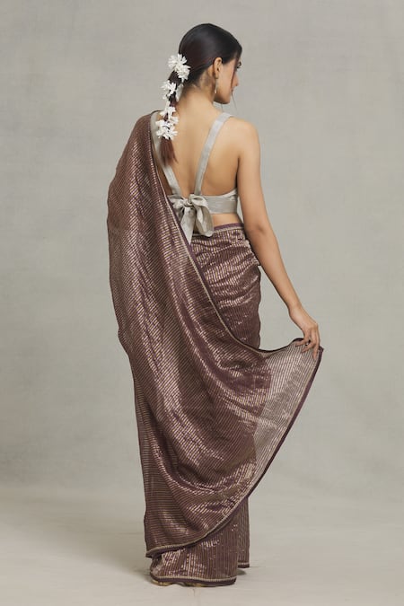 Shop Pranay Baidya Maroon Chanderi Embroidery Stripe Woven Saree at Aza Fashions Shop_Pranay Baidya_Maroon Chanderi Embroidery Stripe Woven Saree _at_Aza_Fashions