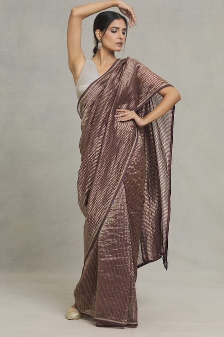 Buy Pranay Baidya Maroon Chanderi Embroidery Stripe Woven Saree Online at Aza Fashions Buy_Pranay Baidya_Maroon Chanderi Embroidery Stripe Woven Saree _Online_at_Aza_Fashions