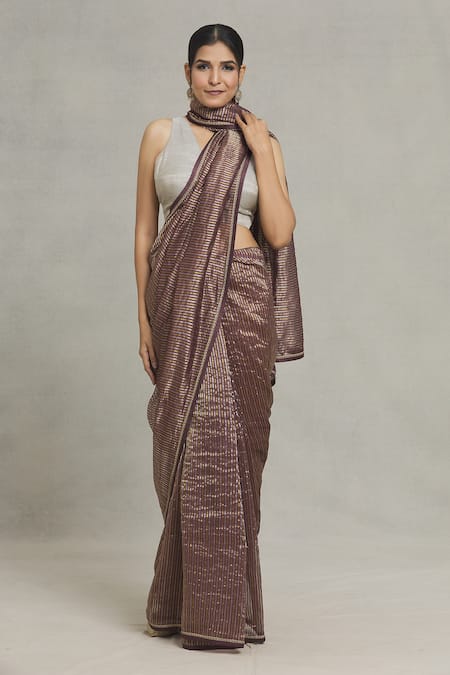 Shop Pranay Baidya Maroon Chanderi Embroidery Stripe Woven Saree Online at Aza Fashions Shop_Pranay Baidya_Maroon Chanderi Embroidery Stripe Woven Saree _Online_at_Aza_Fashions
