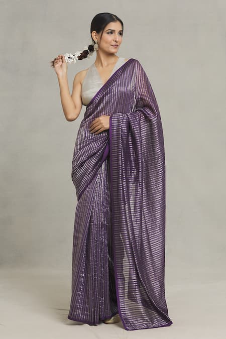 Pranay Baidya_Purple Chanderi Embroidery Linear Woven Saree _Online_at_Aza_Fashions