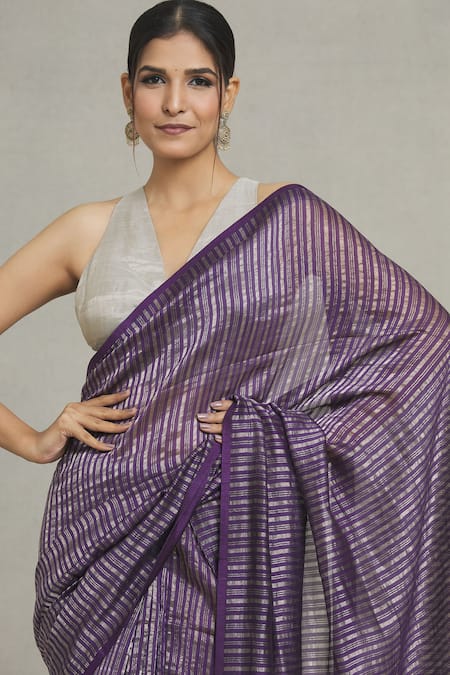 Shop_Pranay Baidya_Purple Chanderi Embroidery Linear Woven Saree _Online_at_Aza_Fashions