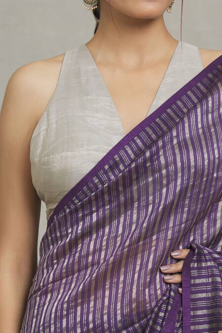 Pranay Baidya_Purple Chanderi Embroidery Linear Woven Saree _at_Aza_Fashions