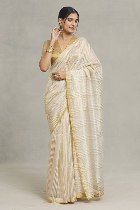 Pranay Baidya_Ivory Chanderi Stripe Handwoven Saree _Online_at_Aza_Fashions