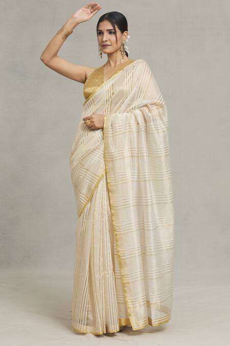 Buy_Pranay Baidya_Ivory Chanderi Stripe Handwoven Saree _Online_at_Aza_Fashions