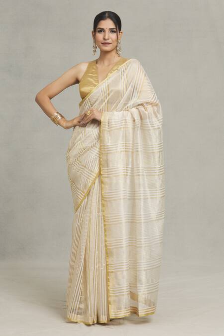 Shop_Pranay Baidya_Ivory Chanderi Stripe Handwoven Saree _Online_at_Aza_Fashions