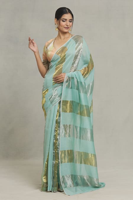 Pranay Baidya_Green Chanderi Lace, Embroidery Broad Stripe Woven Saree _Online_at_Aza_Fashions