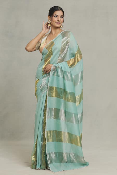 Shop_Pranay Baidya_Green Chanderi Lace, Embroidery Broad Stripe Woven Saree _Online_at_Aza_Fashions