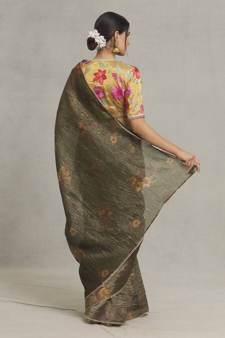 Shop Pranay Baidya Green Tissue Floral Placement Print Saree at Aza Fashions Shop_Pranay Baidya_Green Tissue Floral Placement Print Saree_at_Aza_Fashions