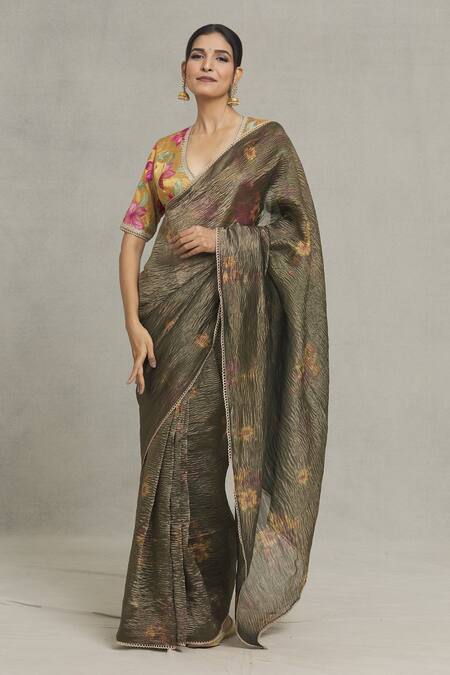 Buy Pranay Baidya Green Tissue Floral Placement Print Saree Online at Aza Fashions Buy_Pranay Baidya_Green Tissue Floral Placement Print Saree_Online_at_Aza_Fashions