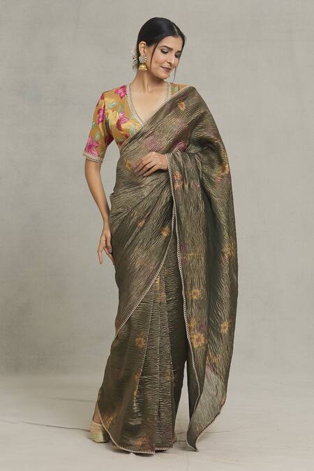 Shop Pranay Baidya Green Tissue Floral Placement Print Saree Online at Aza Fashions Shop_Pranay Baidya_Green Tissue Floral Placement Print Saree_Online_at_Aza_Fashions